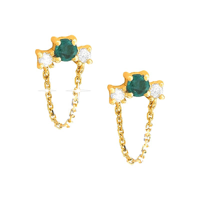 6x11mm Aretes de Dama Oro 14k Redondos con Esmeralda y Diamantes Naturales