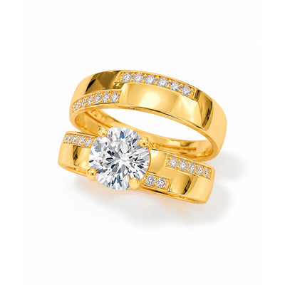 Set Anillo Matrimonio Oro 10k Solitario y Banda Ancha Lisa