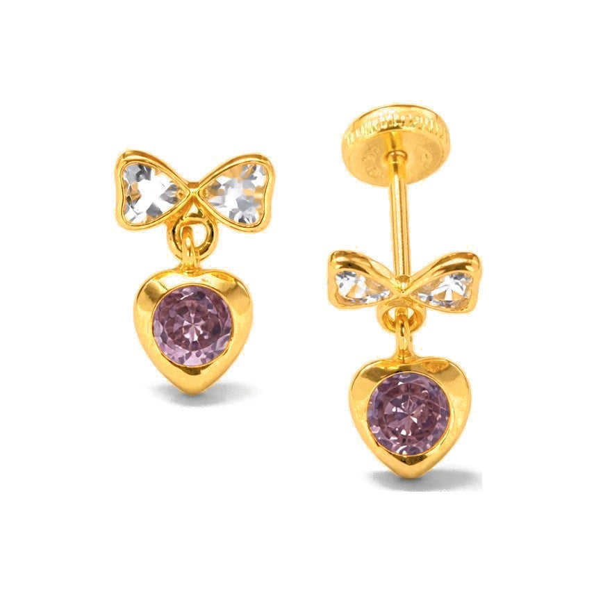 Aretes de Dama Oro 14k Moño con Corazón Rosa Colgante