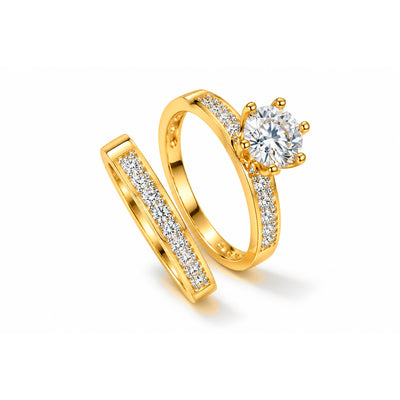 Set Anillo Matrimonio Oro 10k Solitario Canal y Banda Gemela