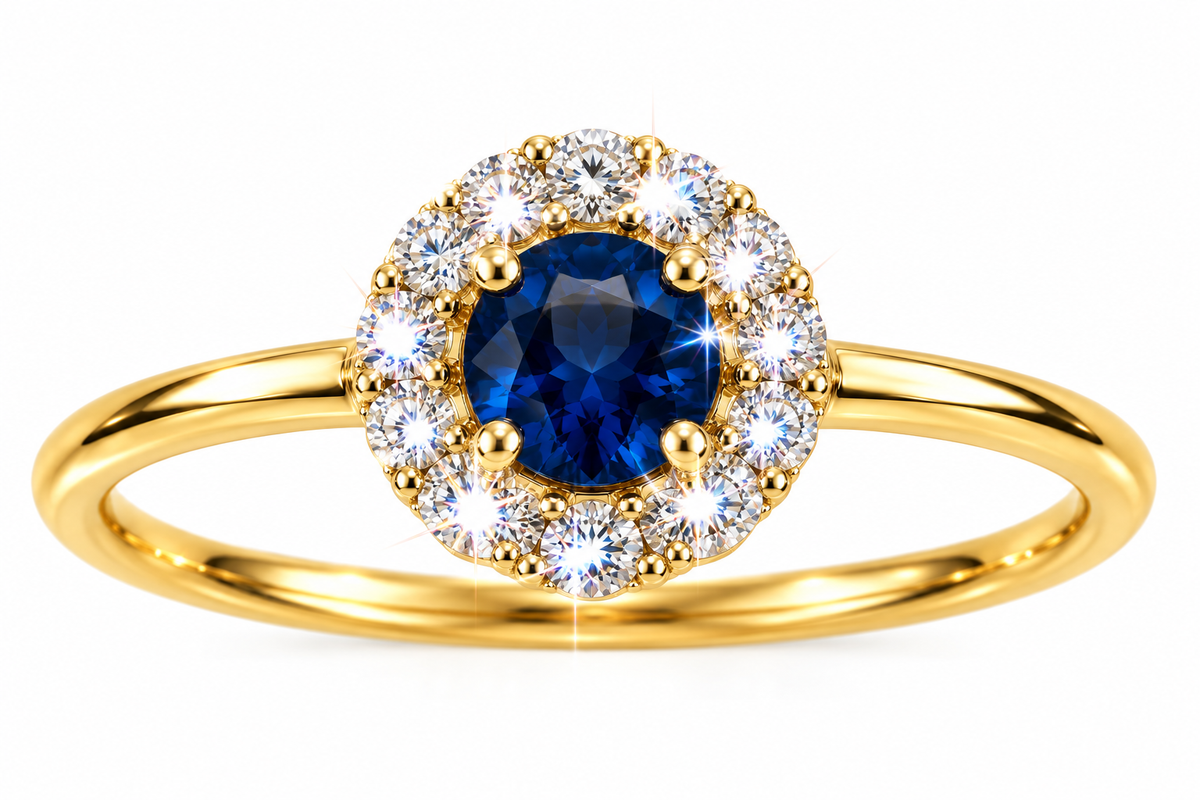 Anillo de Dama Oro 14k Halo Zafiro con Diamantes Naturales