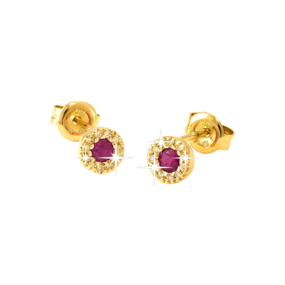 5.5mm Aretes de Dama Oro 14k Topos con Halo con Rubí y Diamantes Naturales
