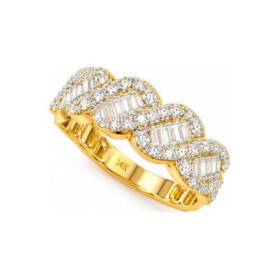 Anillo de Dama Oro 14k Eslabón Cubano Baguettes con Diamantes Naturales