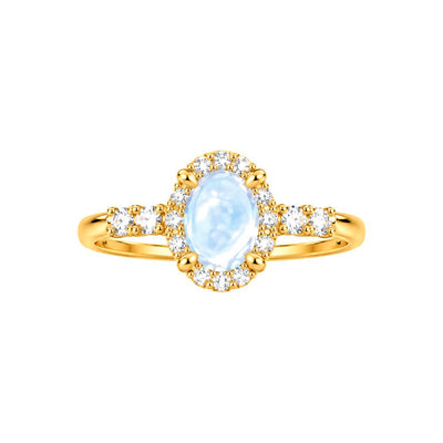 Anillo de Matrimonio para Dama Oro 10k Piedra Ovalada Azul con Halo de Circonias