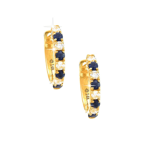10mm Aretes de Dama Oro 14k Argolla Redondos con Zafiro y Diamantes Naturales