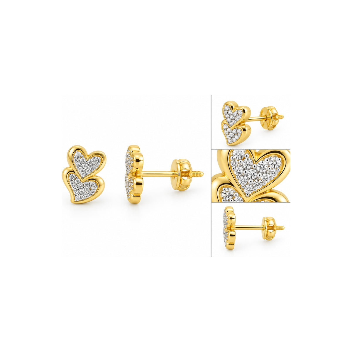 Aretes de Dama Oro 18k Doble Corazón Pavé de Circonios con Tornillo