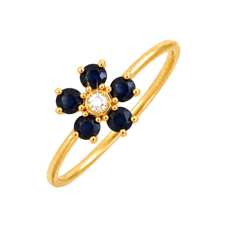 Anillo de Dama Oro 14k Flor de Cinco Zafiros con Diamante Natural al Centro