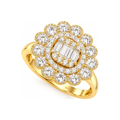 Anillo de Dama Oro 14k Flor con Baguettes y Doble Halo de Diamantes Naturales