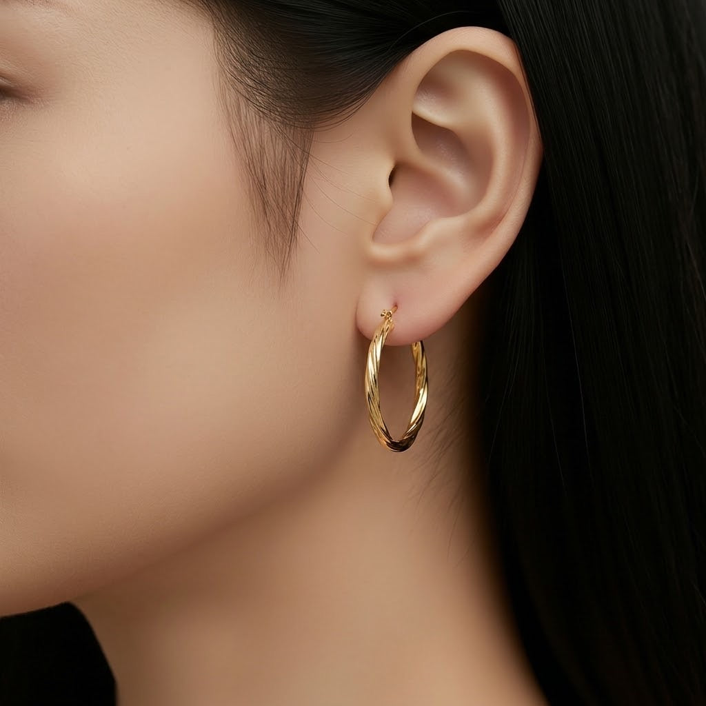 Aretes de Dama Oro 14k Aro Grande Torcido