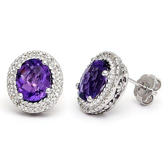 Aretes de Dama Plata 925 Topos Amatista Ovalada con Halo