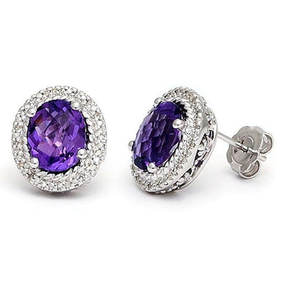 Pre Orden - Aretes de Dama Plata 925 Topos Amatista Ovalada con Halo