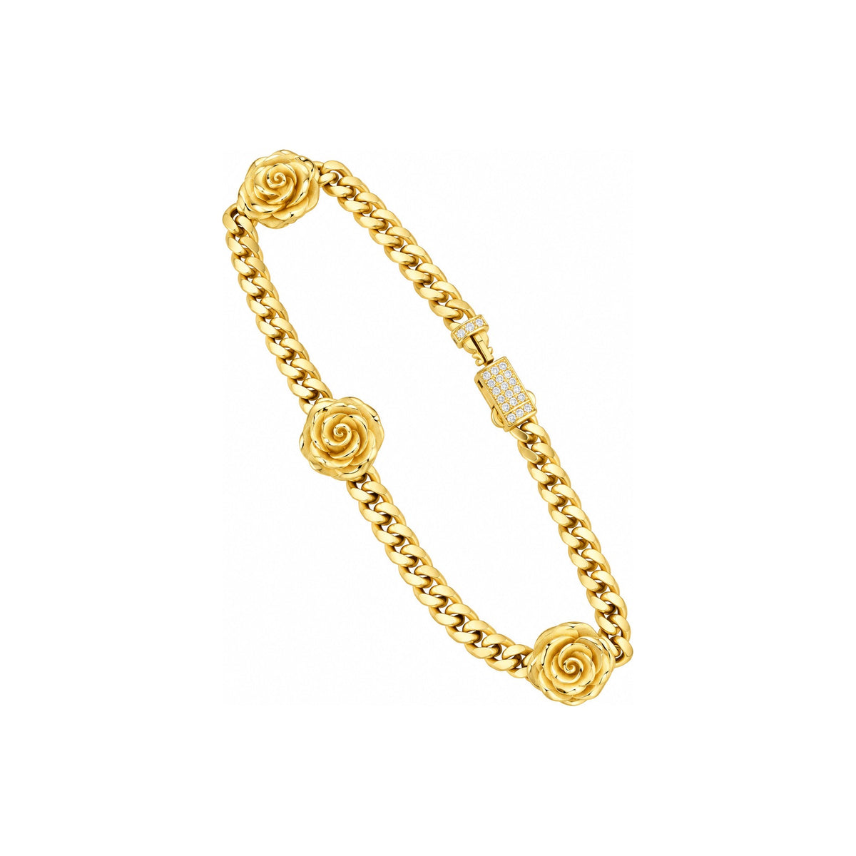 4mm Brazalete de Dama Oro 10k Cubano con Rosas y Broche Pavé 7 Pulgadas