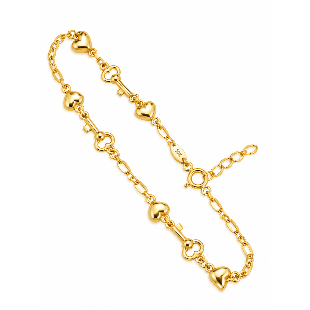 Brazalete de Dama Oro 10k con Corazones y Llaves