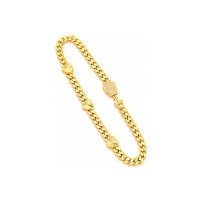 4mm Manilla Cubana Oro 10k Tres Corazones Diamantados con Cierre de Pavé
