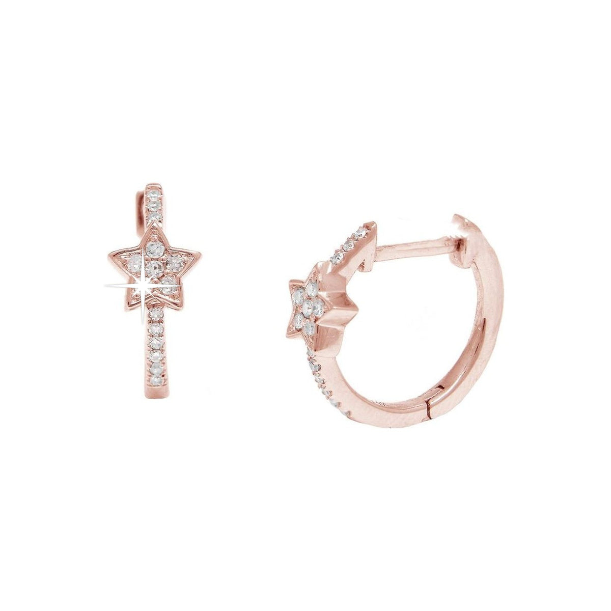 12mm Aretes de Dama Oro Rosa 14k Argolla Estrella con Diamantes Naturales