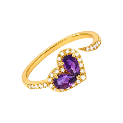 7x9mm Anillo de Dama Oro 14k Abierto Corazón de Amatistas con Halo de Diamantes Naturales