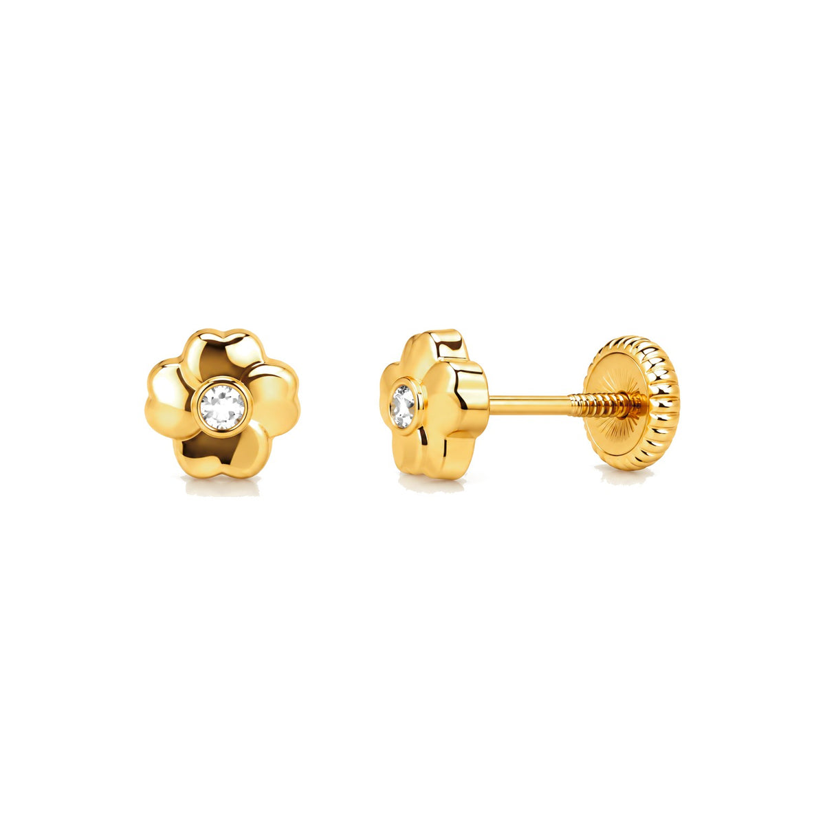 Aretes para Bebé Oro 14k Flor Lisa con Circonio en Bezel y Tornillo