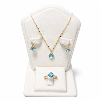Set Oro 14k Topacio Azul Cojín con Diamantes Naturales