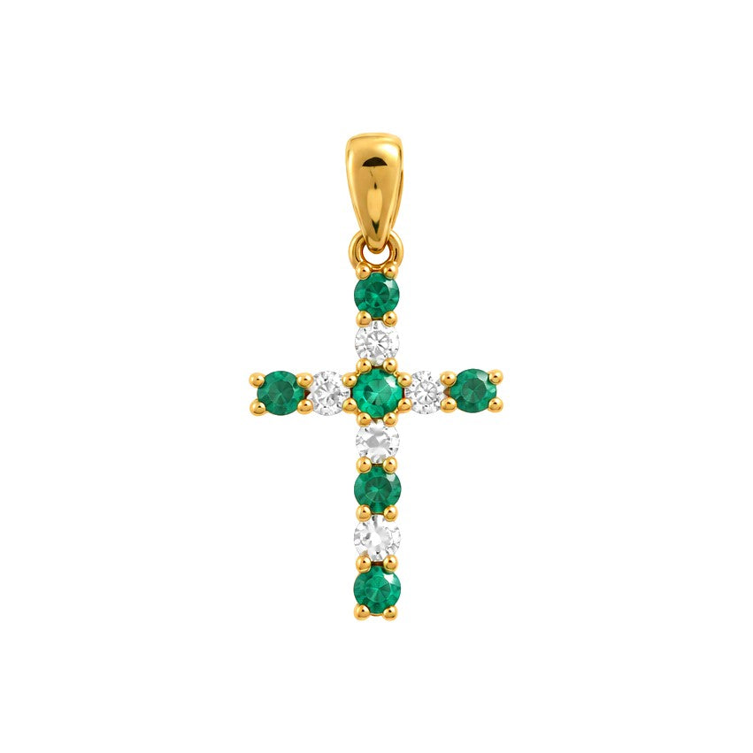10x18mm Dije Cruz Oro 14k con Esmeralda y Diamantes Naturales
