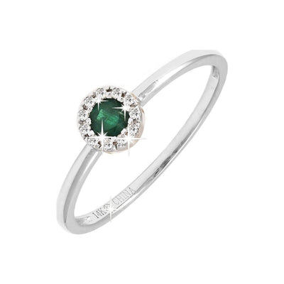 5mm Anillo de Dama Oro Blanco 14k con Halo Redondos con Esmeralda y Diamantes Naturales