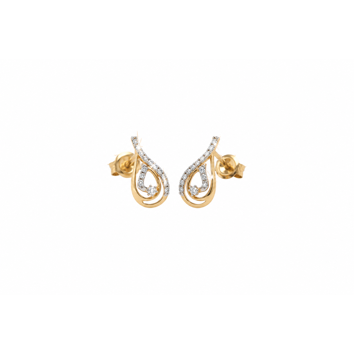 13mm Aretes de Dama Oro 14k Gota Cruzada con Diamante Central y Pavé de Diamantes Naturales