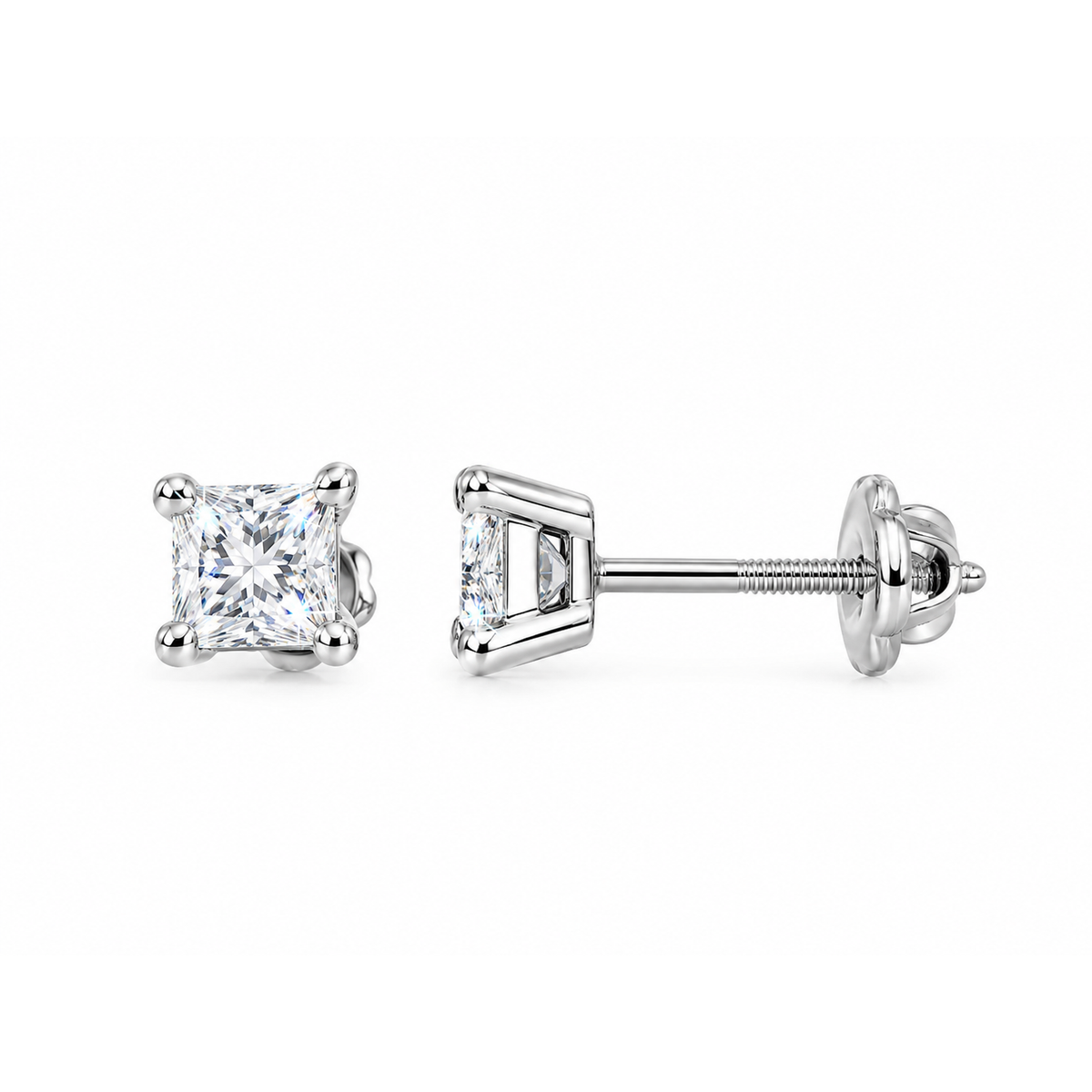 Aretes de Dama Oro Blanco 18k Solitario Princesa Grande con Diamantes Naturales