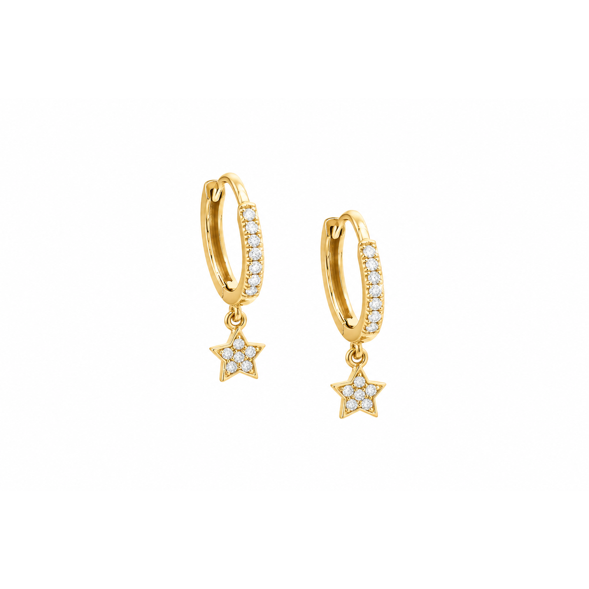 Aretes de Dama Oro 14k Huggie con Estrella Colgante de Diamantes Naturales