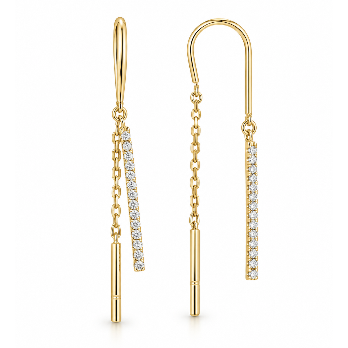 Aretes de Dama Oro 14k Cadena Pasante con Barra Pavé
