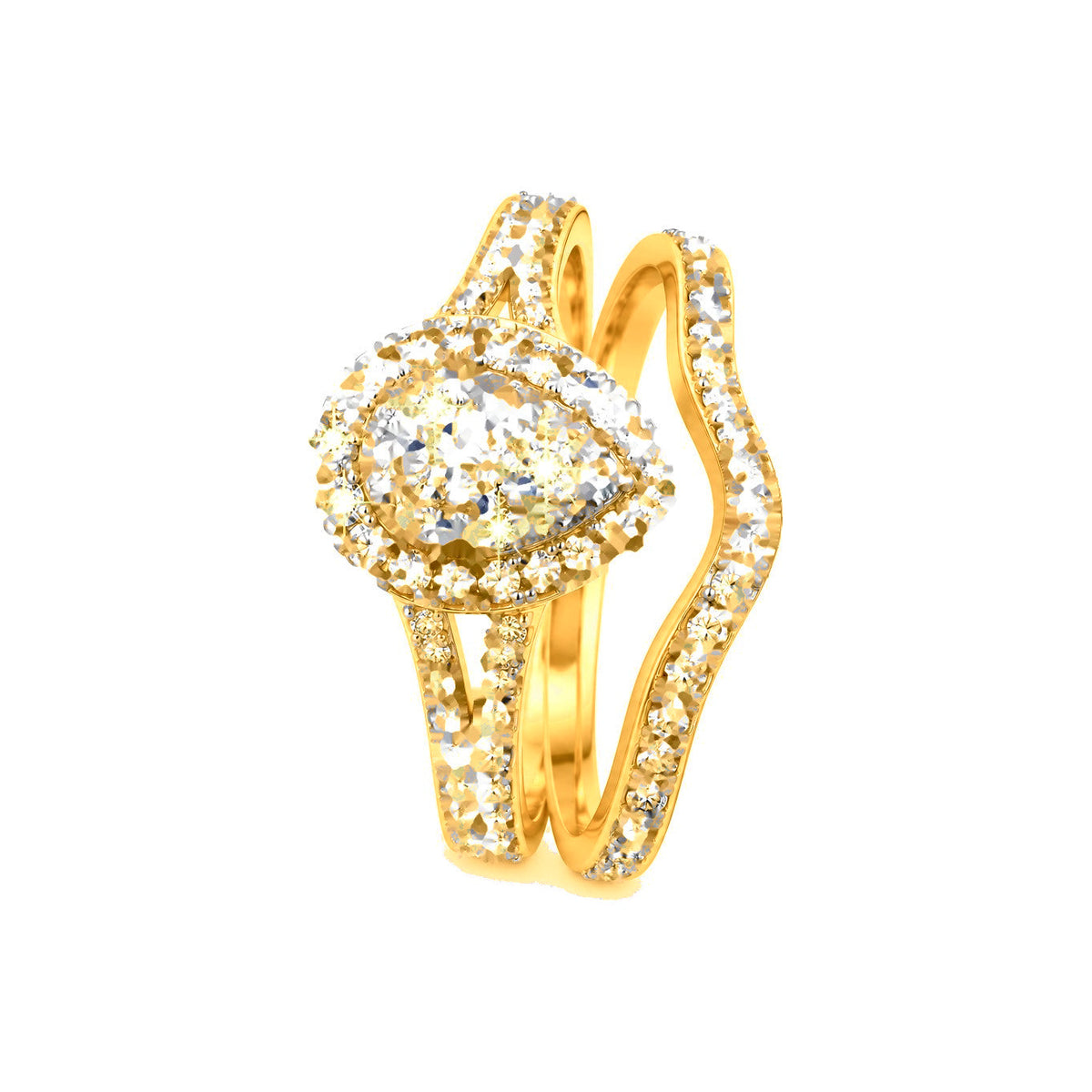 Set de Matrimonio para Dama Oro 10k Cluster Pera con Halo y Banda Curva de Diamantes Naturales
