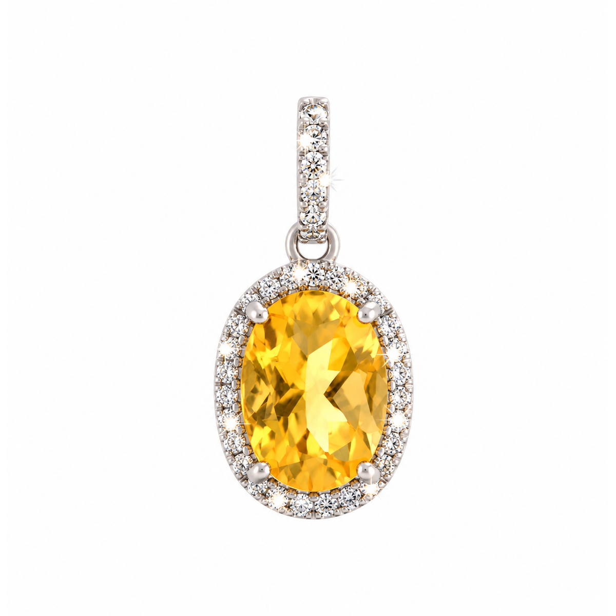 Dije Citrina Ovalada Oro Blanco 14k con Halo de Diamantes Naturales