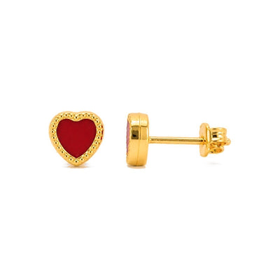 Aretes de Dama Oro 14k Corazón Esmalte Rojo con Bolitas