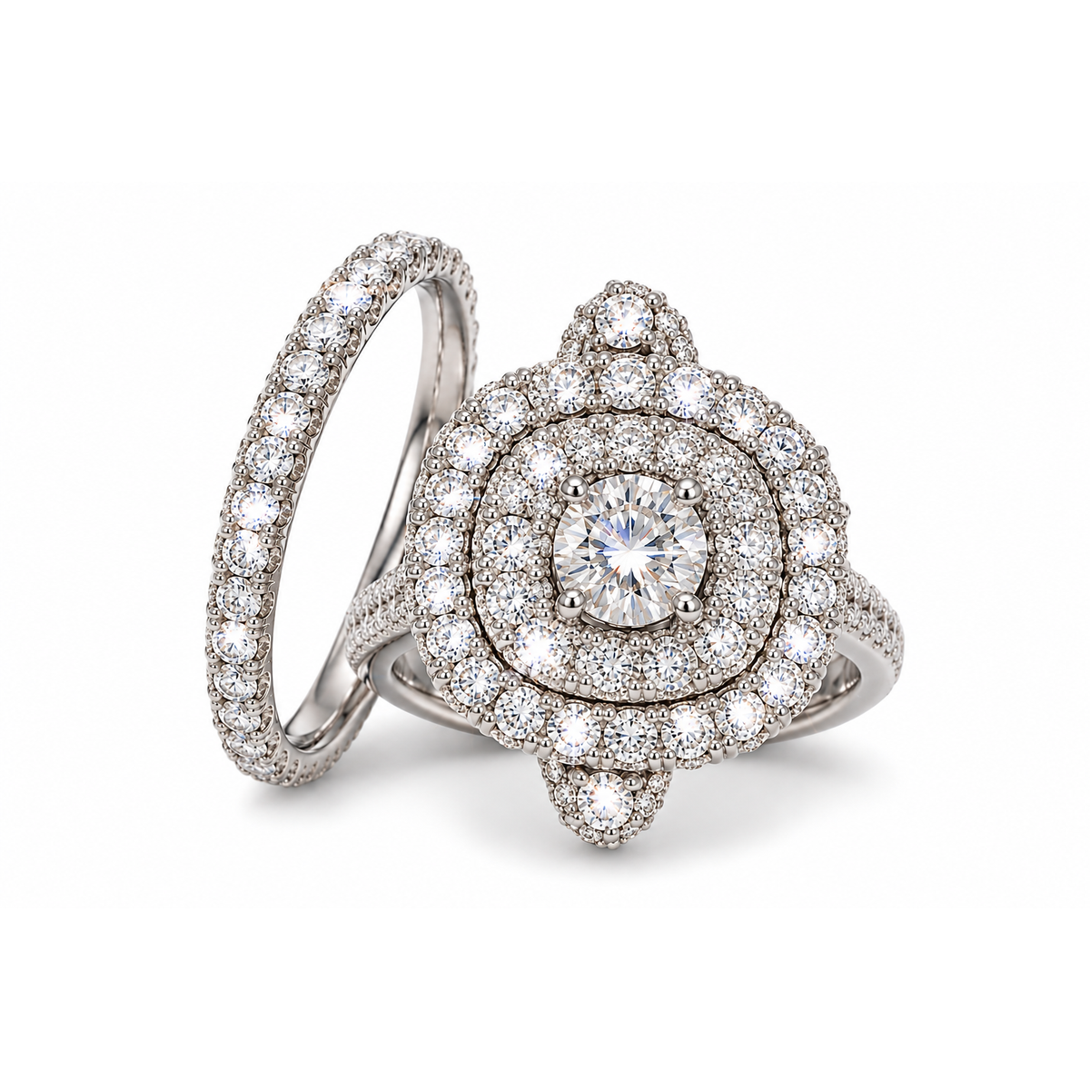 Anillo de Compromiso para Dama Oro Blanco 10k Dúo Halo Doble con Diamantes Naturales