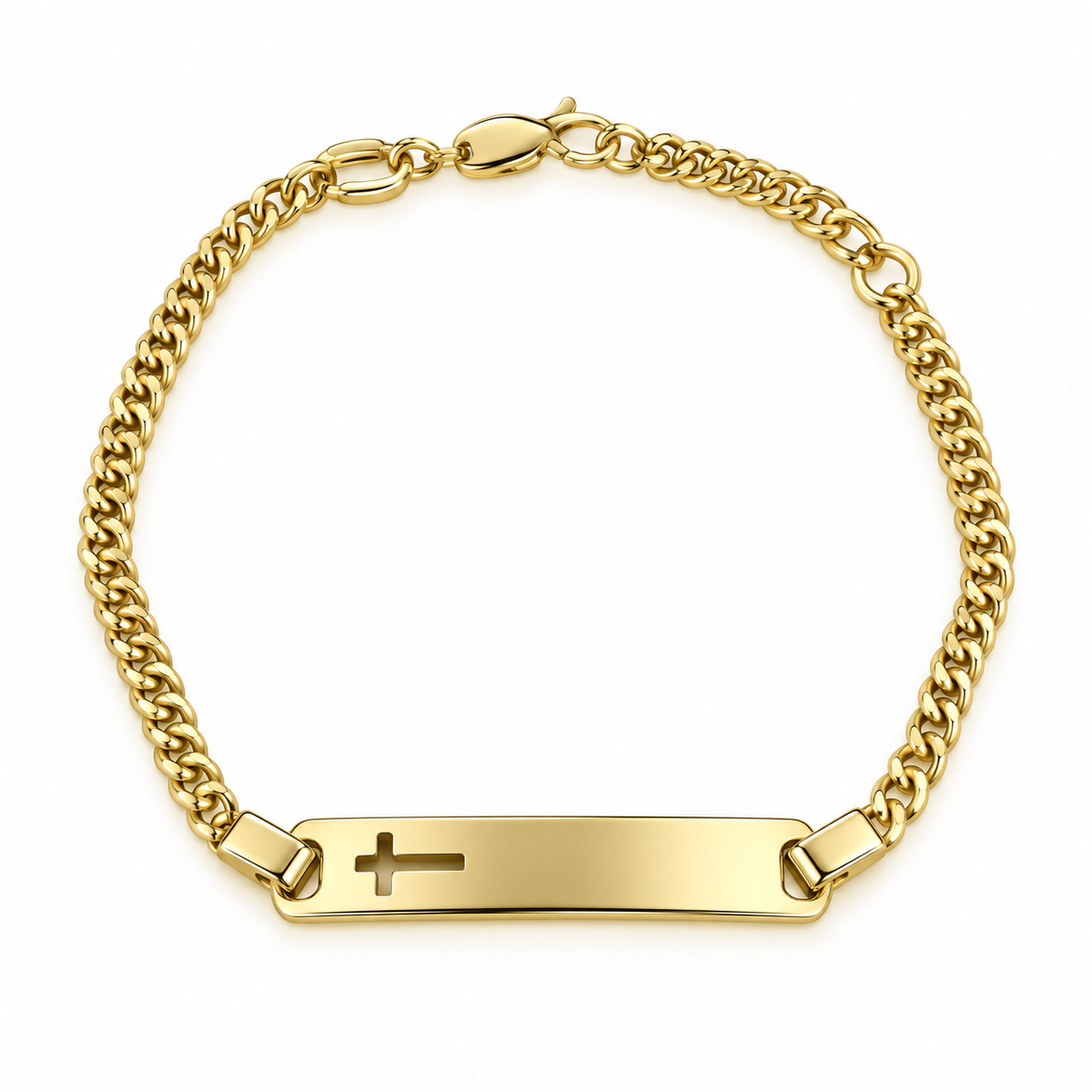 3mm Brazalete Infantil Oro 14k Semisólido Cubano con Placa de Cruz 5.5 Pulgadas