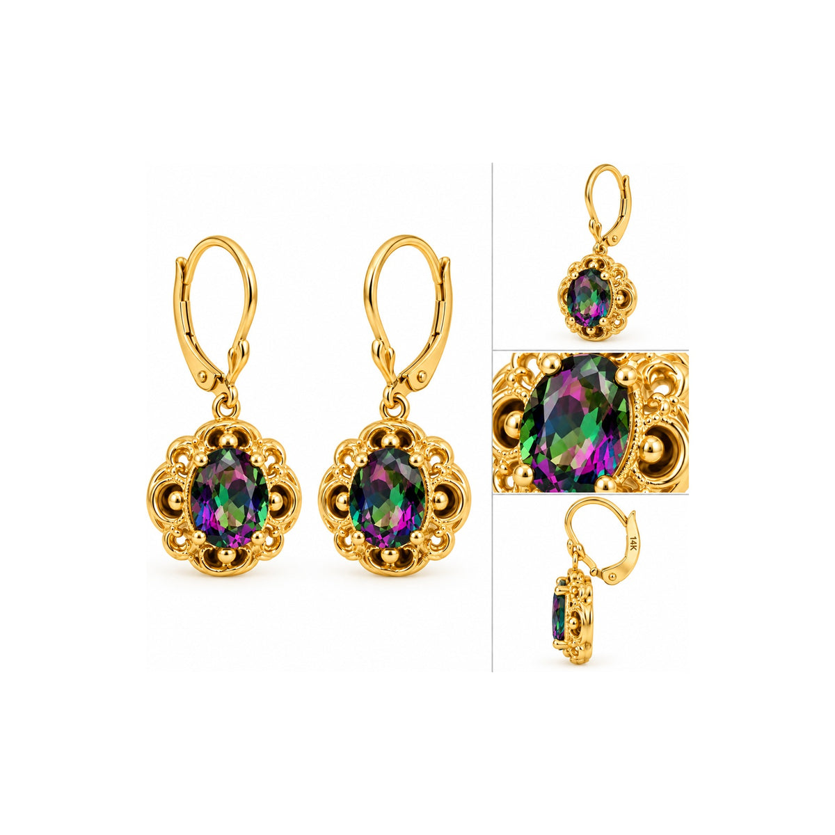 Aretes de Dama Oro 14k Colgantes Filigrana con Topacio Místico Natural