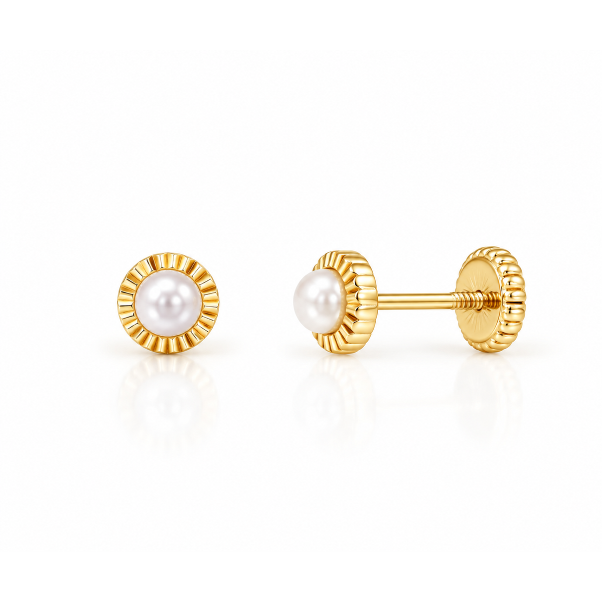 Aretes para Bebé Oro 14k Perla con Borde Rayado