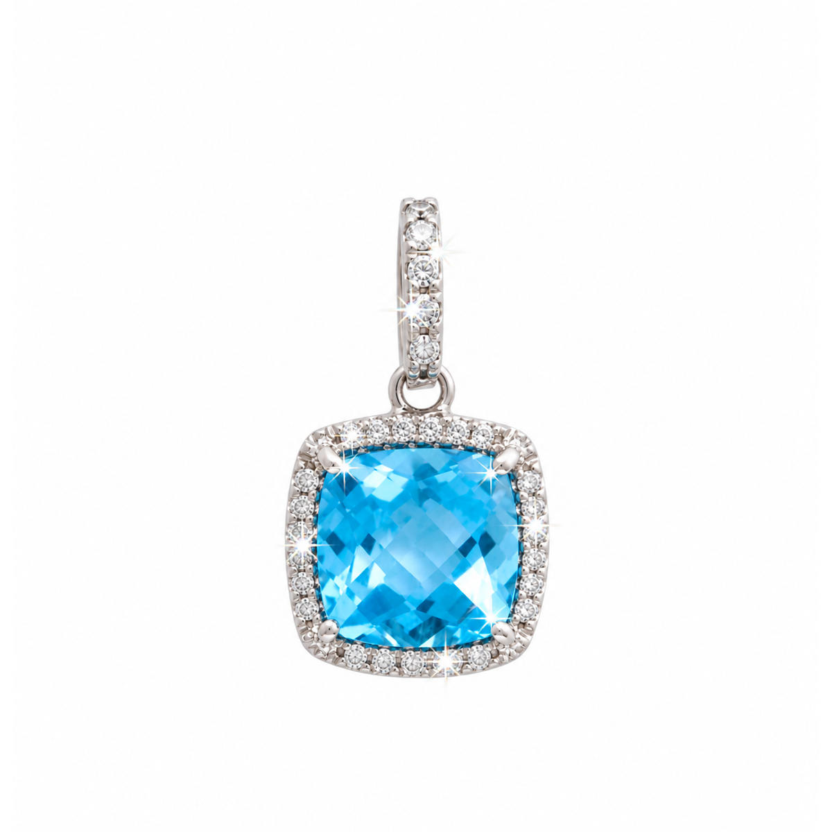 7.8x7.8mm Dije Topacio Azul Cojín Oro Blanco 14k con Halo de Diamantes Naturales