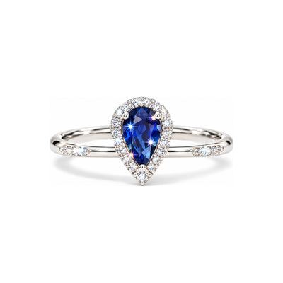 Anillo de Dama Oro Blanco 14k Zafiro Lágrima con Diamantes Naturales