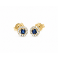 6mm Aretes de Dama Oro 14k Zafiro Redondo con Halo de Diamantes Naturales