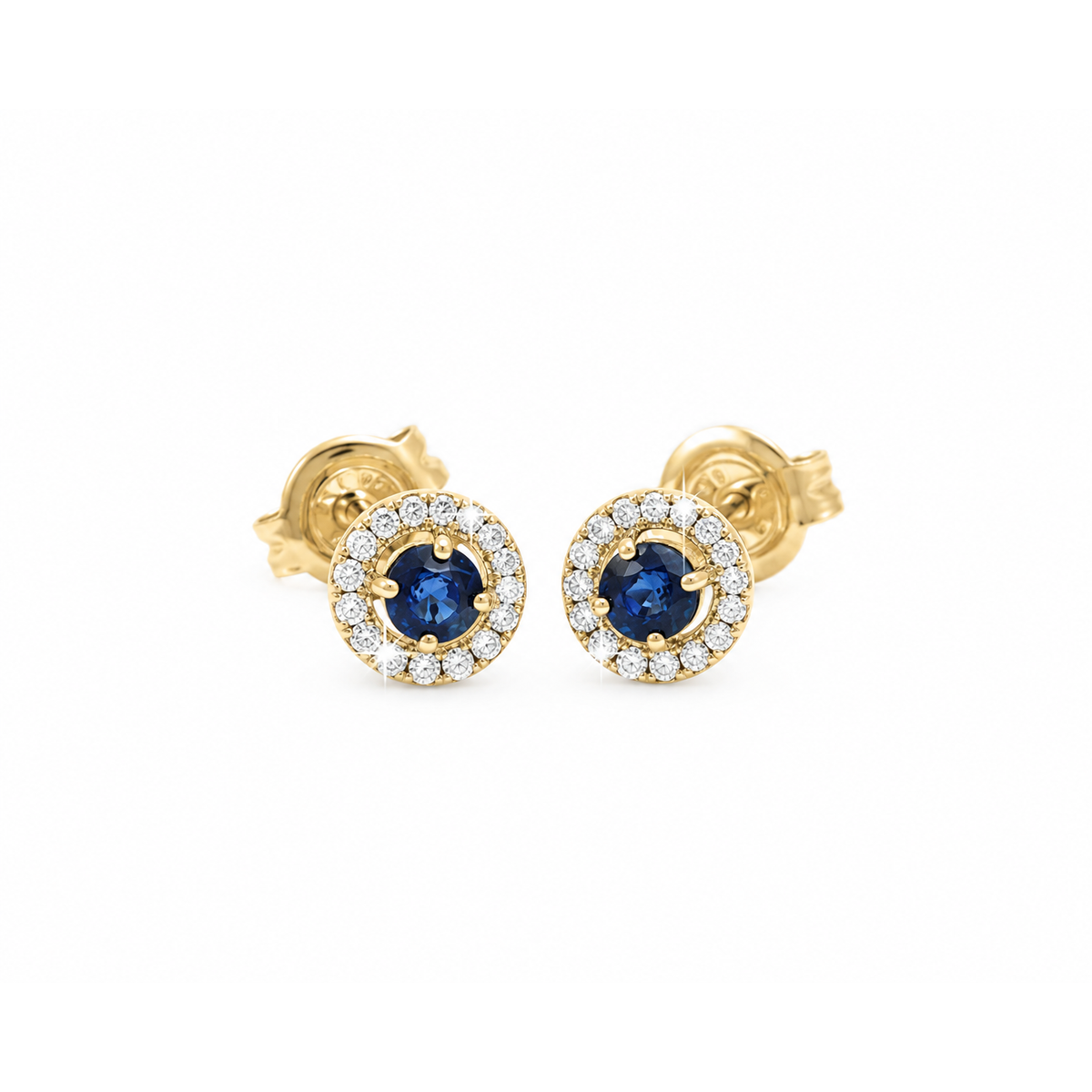 6mm Aretes de Dama Oro 14k Zafiro Redondo con Halo de Diamantes Naturales