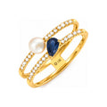 Anillo de Dama Oro 14k Doble Banda con Perla, Zafiro Pera y Diamantes Naturales
