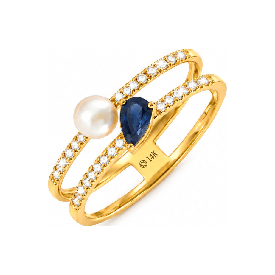 Anillo de Dama Oro 14k Doble Banda con Perla, Zafiro Pera y Diamantes Naturales