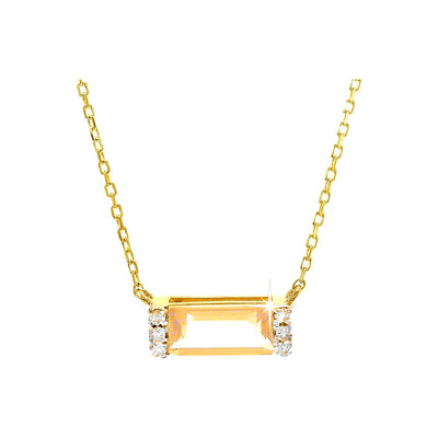 9x3.5mm Collar Oro 14k Barra con Cuarzo Rosa y Diamantes Naturales