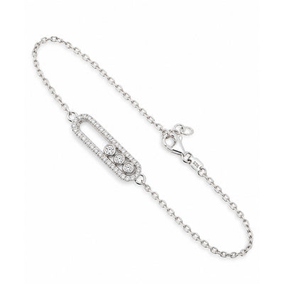 Brazalete de Dama Oro Blanco 14k Óvalo con Circonios y Cadena Fina