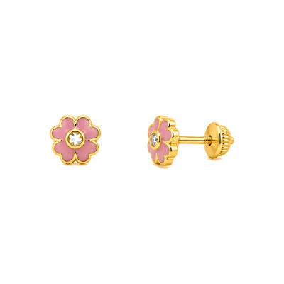 Aretes para Bebé Oro 14k Flor Esmaltada Rosa con Circonio