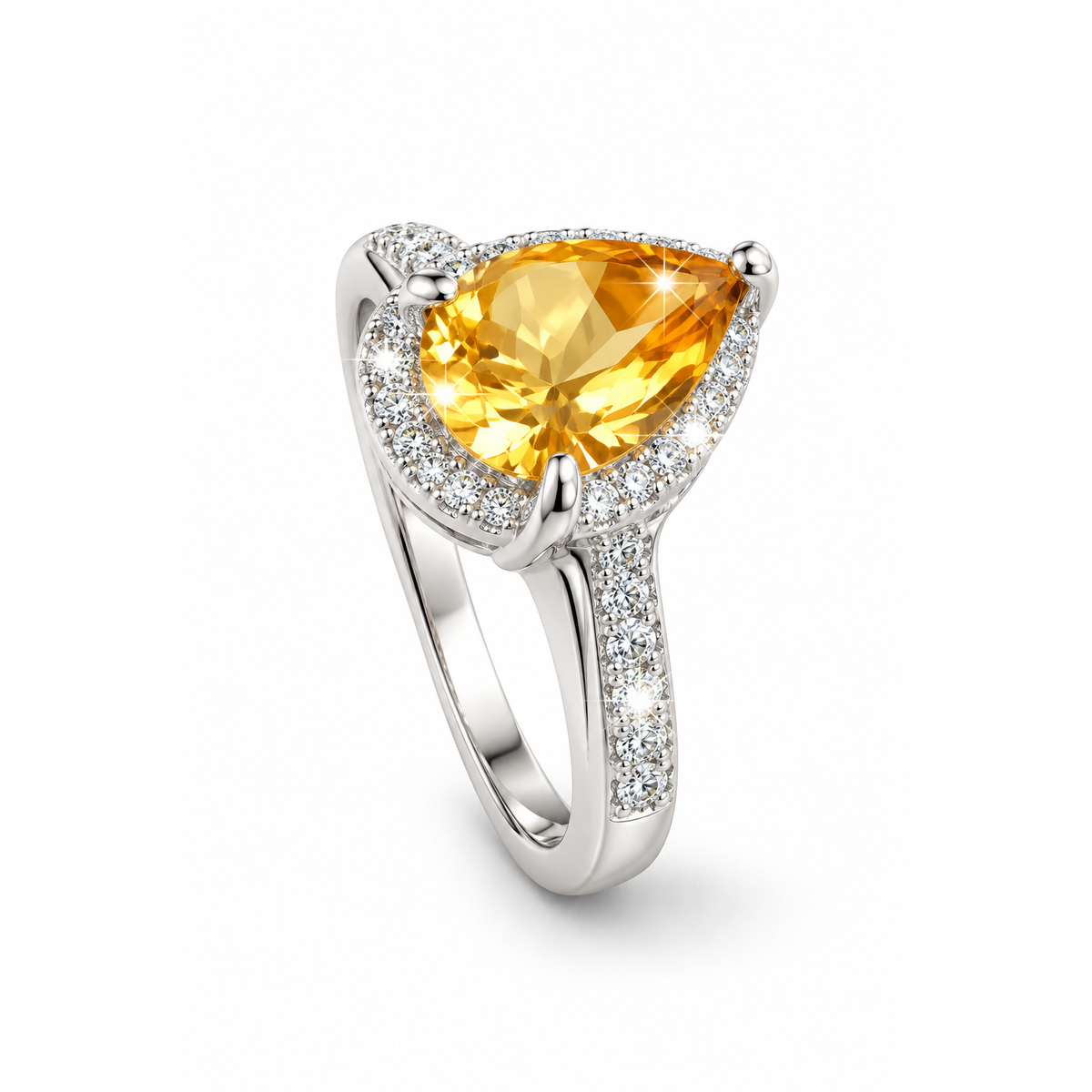 Anillo de Dama Oro Blanco 14k Citrino Natural Halo Diamante