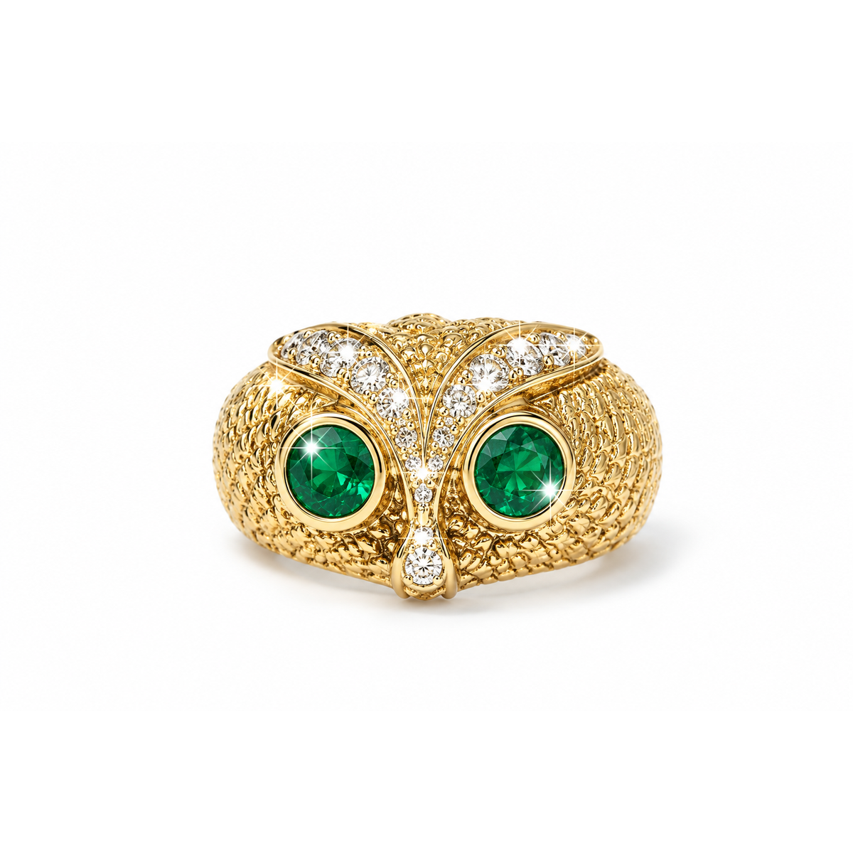 Anillo de Dama Oro 14k Búho con Diamantes Naturales y Esmeraldas