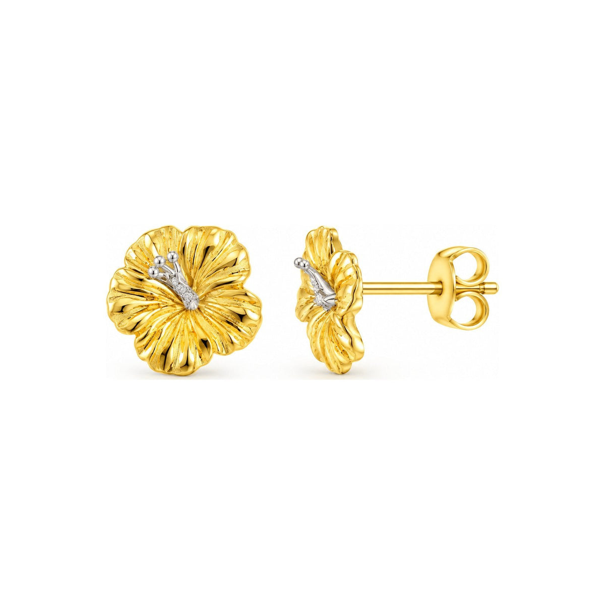 Aretes de Dama Oro 14k Flor de Cayena con Pistilo de Oro Blanco