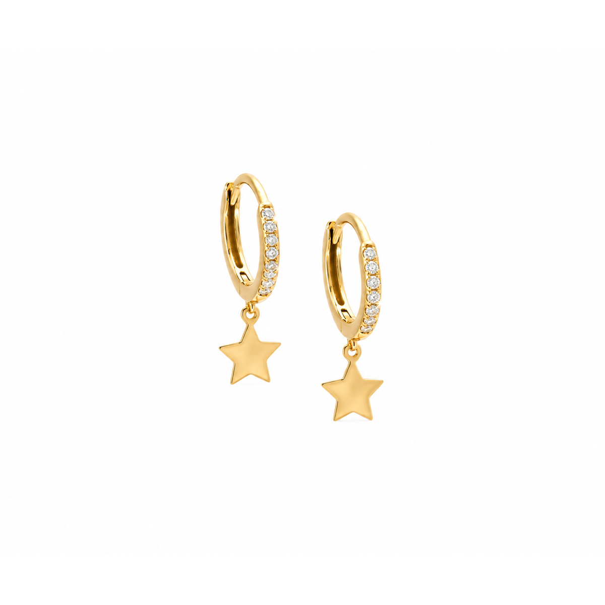 6x17mm Aretes de Dama Oro 14k Huggie con Estrella Lisa Colgante y Diamantes Naturales