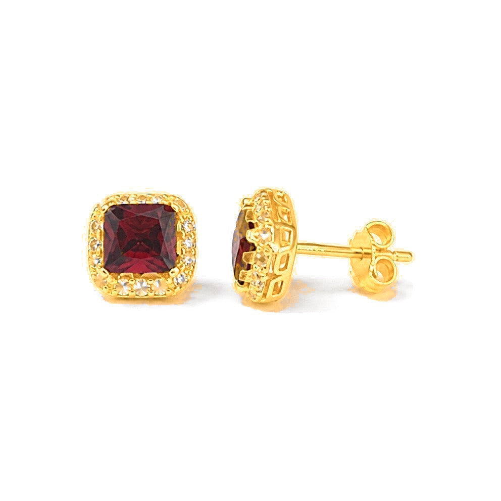 Aretes de Dama Oro 10k Piedra Cuadrada Roja con Halo
