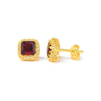 Aretes de Dama Oro 10k Piedra Cuadrada Roja con Halo